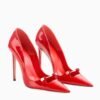 Red Patent Leather Pointed-Toe Stiletto High Heels with Gold Bar Detail