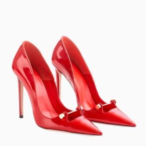 Red Patent Leather Pointed-Toe Stiletto High Heels with Gold Bar Detail