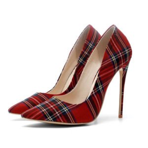 Scottish Tartan Pointed High Heels – Elegant Red Plaid Pumps